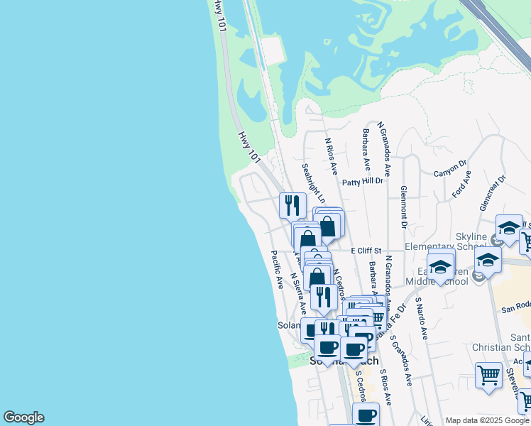map of restaurants, bars, coffee shops, grocery stores, and more near 512 Pacific Ave in Solana Beach