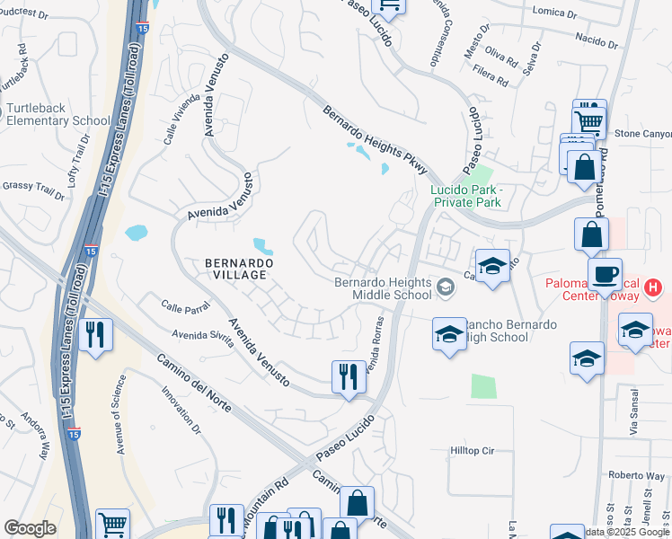 map of restaurants, bars, coffee shops, grocery stores, and more near 15638 Royal Crown Row in San Diego