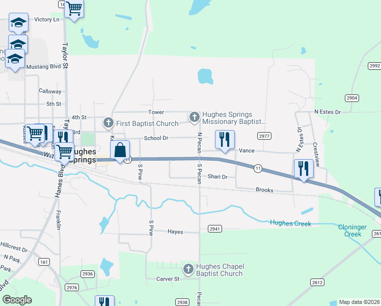 map of restaurants, bars, coffee shops, grocery stores, and more near 812 East 1st in Hughes Springs