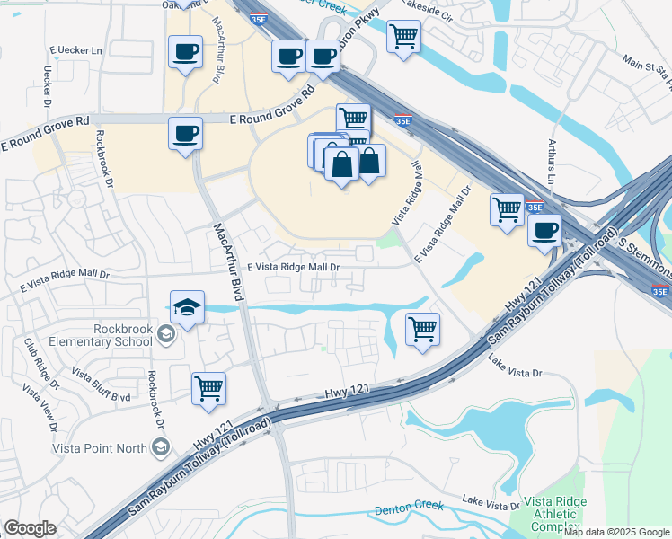 map of restaurants, bars, coffee shops, grocery stores, and more near 600 East Vista Ridge Mall Drive in Lewisville