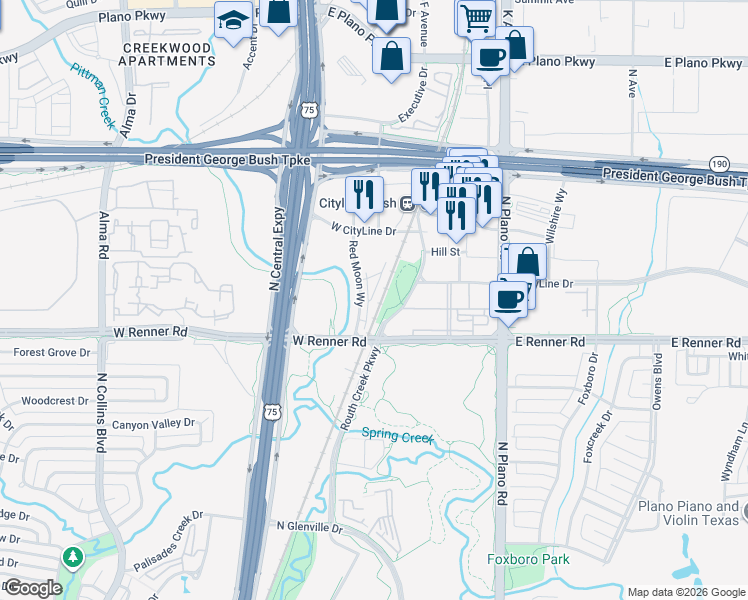 map of restaurants, bars, coffee shops, grocery stores, and more near 1351-1399 W Renner Rd in Richardson
