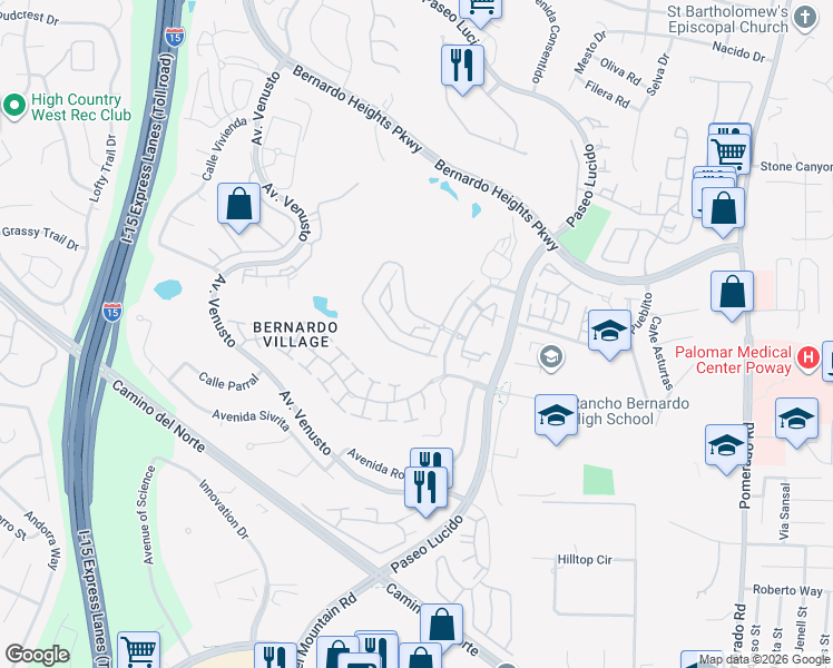 map of restaurants, bars, coffee shops, grocery stores, and more near 15638 Royal Crown Row in San Diego