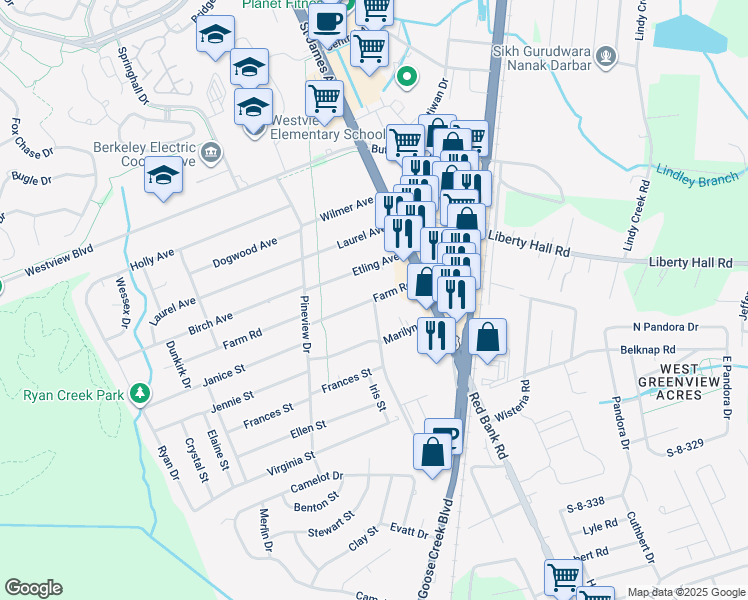 map of restaurants, bars, coffee shops, grocery stores, and more near 113 Farm Road in Goose Creek