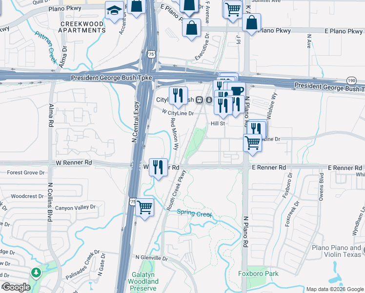 map of restaurants, bars, coffee shops, grocery stores, and more near 1351-1399 W Renner Rd in Richardson