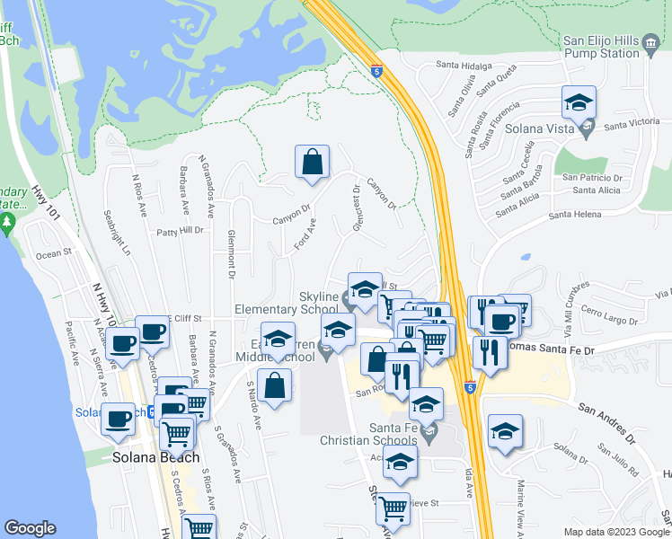 map of restaurants, bars, coffee shops, grocery stores, and more near 410 Glencrest Drive in Solana Beach