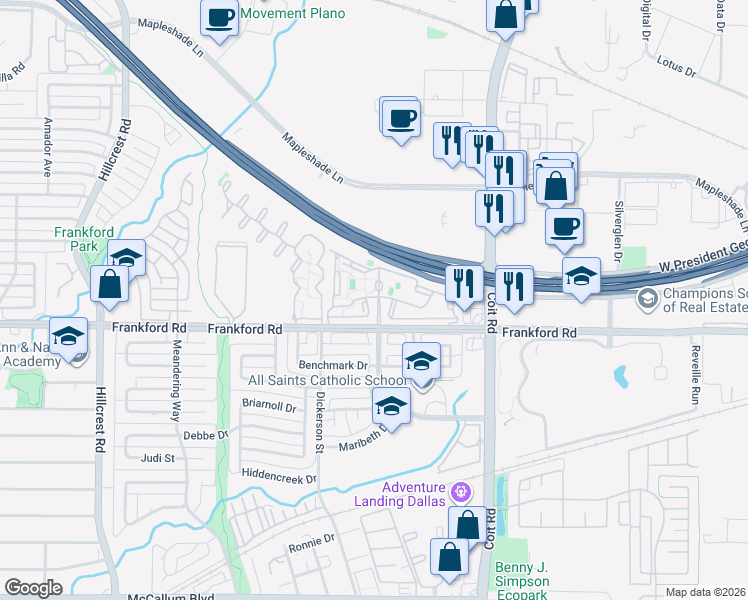 map of restaurants, bars, coffee shops, grocery stores, and more near 7575 Frankford Road in Dallas