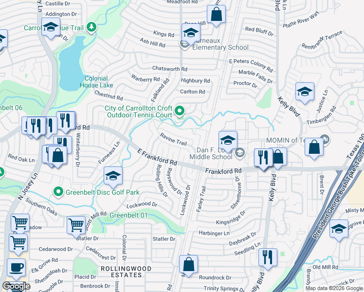 map of restaurants, bars, coffee shops, grocery stores, and more near 3021 Ravine Trail in Carrollton