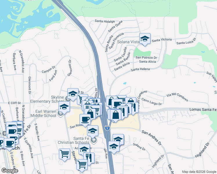 map of restaurants, bars, coffee shops, grocery stores, and more near 843 Santa Regina in Solana Beach