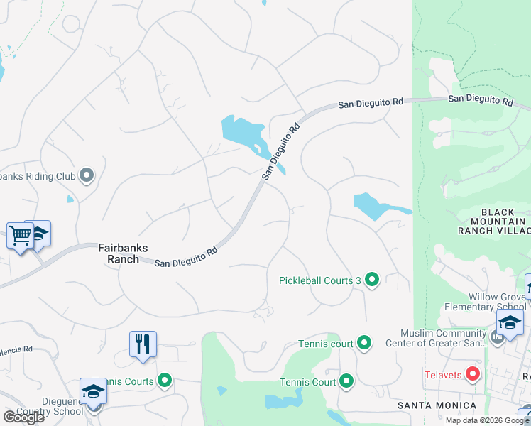 map of restaurants, bars, coffee shops, grocery stores, and more near 16942 Via Cuesta Verde in Rancho Santa Fe