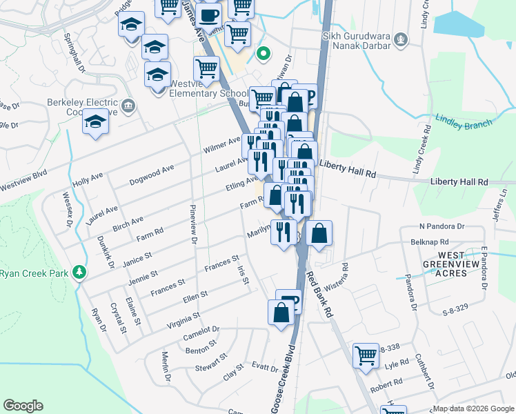map of restaurants, bars, coffee shops, grocery stores, and more near 105 Farm Road in Goose Creek