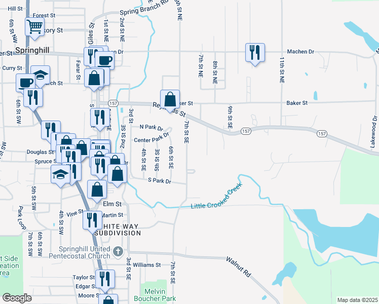 map of restaurants, bars, coffee shops, grocery stores, and more near 407 7th Street Southeast in Springhill