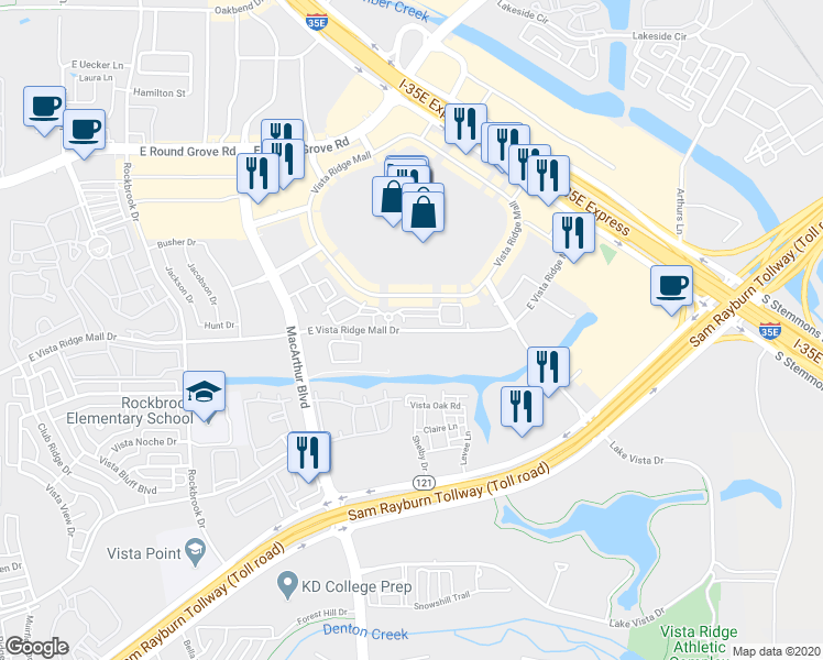 map of restaurants, bars, coffee shops, grocery stores, and more near 626 East Vista Ridge Mall Drive in Lewisville