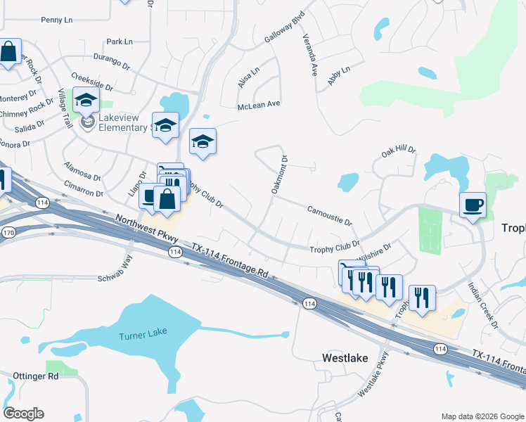 map of restaurants, bars, coffee shops, grocery stores, and more near 105 Oakmont Drive in Trophy Club