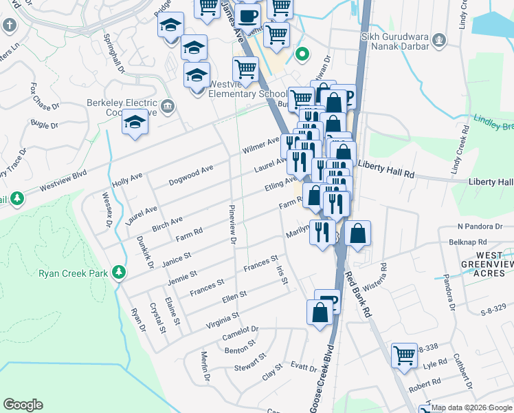 map of restaurants, bars, coffee shops, grocery stores, and more near 120 Farm Road in Goose Creek