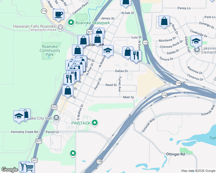 map of restaurants, bars, coffee shops, grocery stores, and more near 510 Reed Street in Roanoke