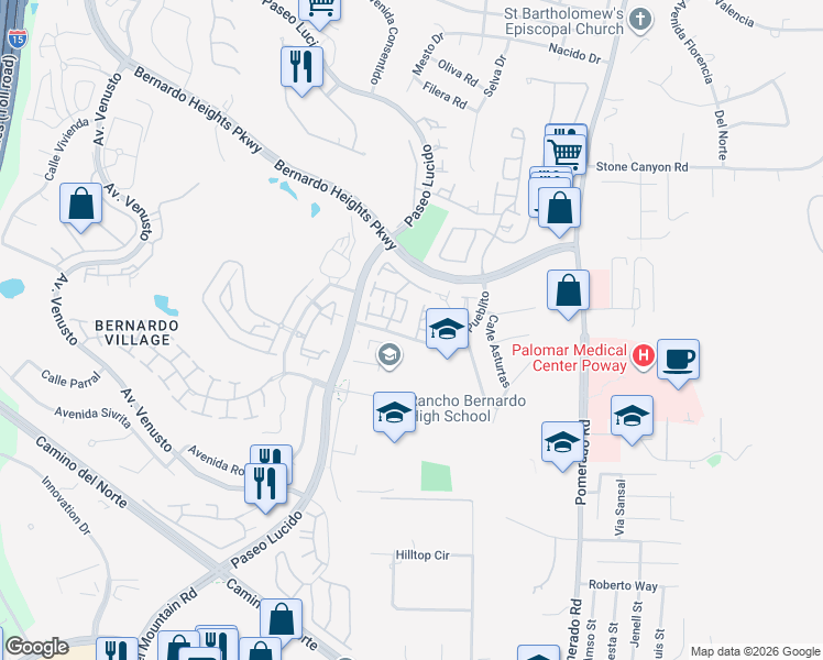 map of restaurants, bars, coffee shops, grocery stores, and more near 15606 Via Marchena in San Diego