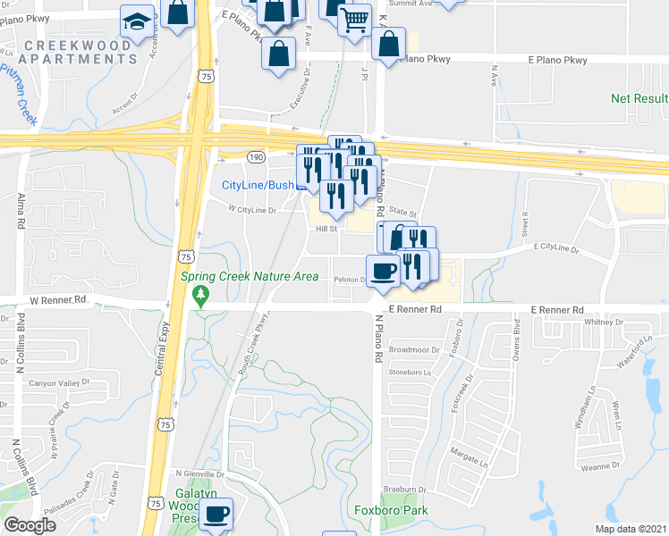 map of restaurants, bars, coffee shops, grocery stores, and more near 3451 North Plano Road in Richardson