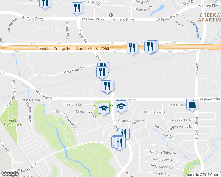 map of restaurants, bars, coffee shops, grocery stores, and more near 3471 Custer Parkway in Richardson