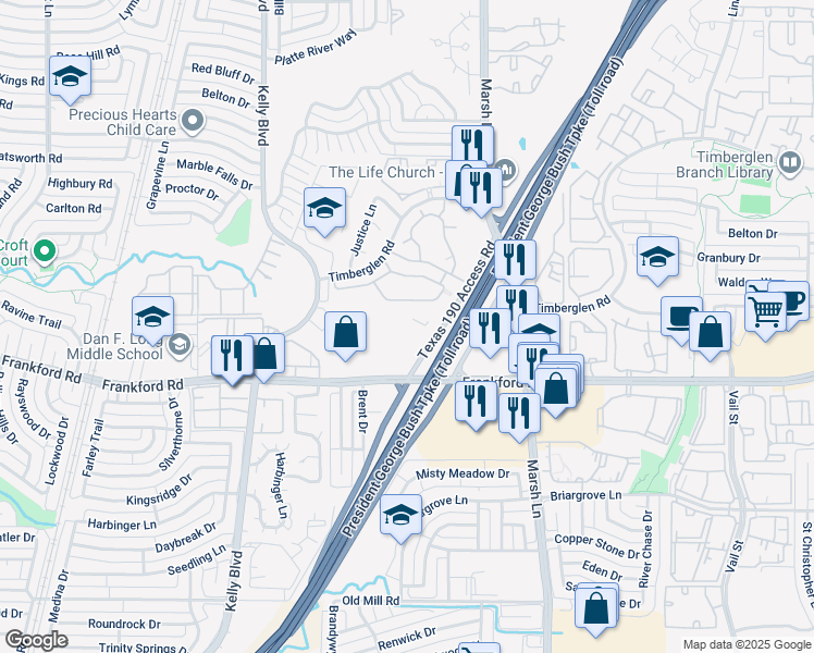 map of restaurants, bars, coffee shops, grocery stores, and more near 3015 Frankford Road in Dallas