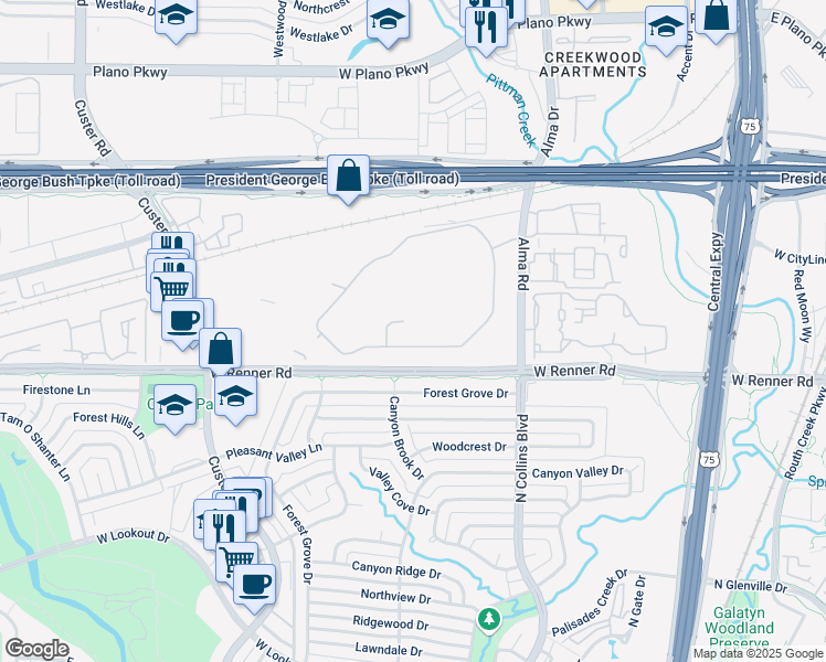 map of restaurants, bars, coffee shops, grocery stores, and more near 300 West Renner Road in Richardson