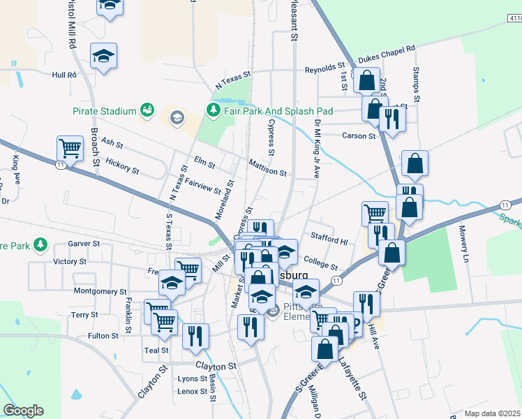 map of restaurants, bars, coffee shops, grocery stores, and more near 309 Cypress Street in Pittsburg