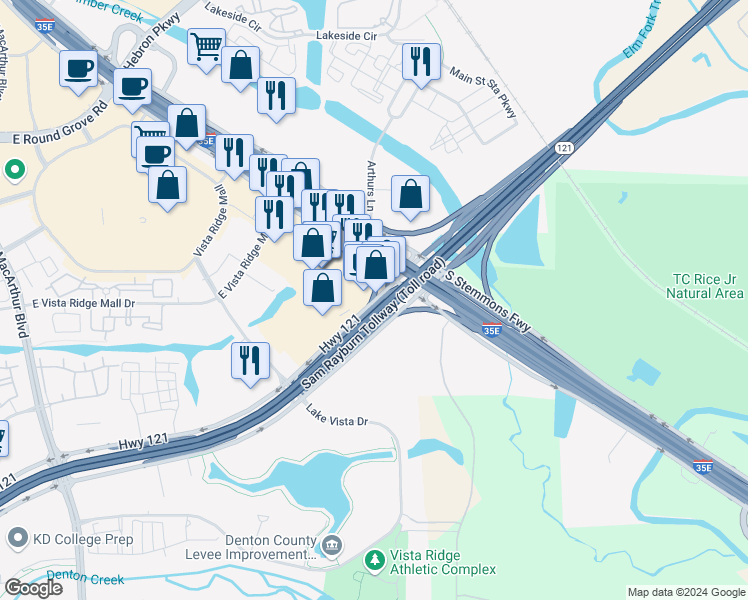 map of restaurants, bars, coffee shops, grocery stores, and more near 1532 Highway 121 in Lewisville