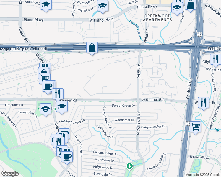 map of restaurants, bars, coffee shops, grocery stores, and more near 300 West Renner Road in Richardson