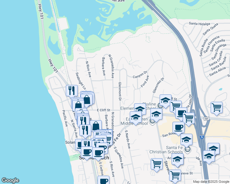 map of restaurants, bars, coffee shops, grocery stores, and more near 514 North Granados Avenue in Solana Beach