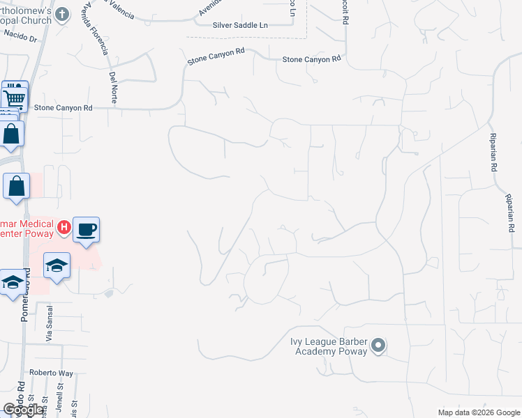 map of restaurants, bars, coffee shops, grocery stores, and more near 15641 Boulder Mountain Road in Poway