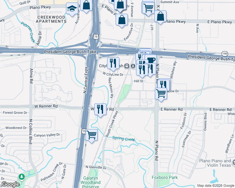 map of restaurants, bars, coffee shops, grocery stores, and more near 1351-1399 W Renner Rd in Richardson