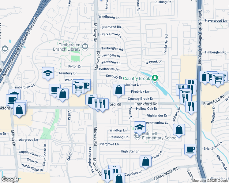 map of restaurants, bars, coffee shops, grocery stores, and more near 4055 Frankford Road in Dallas