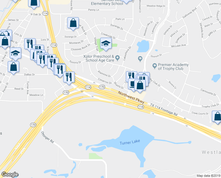 map of restaurants, bars, coffee shops, grocery stores, and more near Texas 170 in Westlake