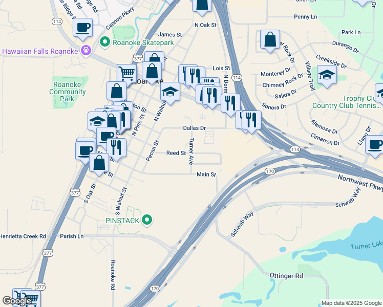 map of restaurants, bars, coffee shops, grocery stores, and more near 599 Reed Street in Roanoke