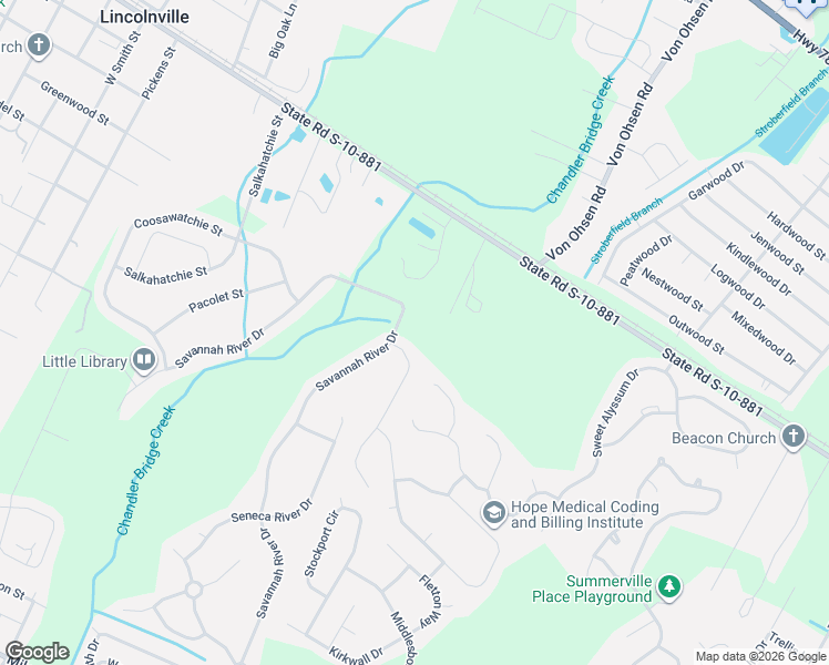 map of restaurants, bars, coffee shops, grocery stores, and more near 3446 Mistletoe Lane in Summerville