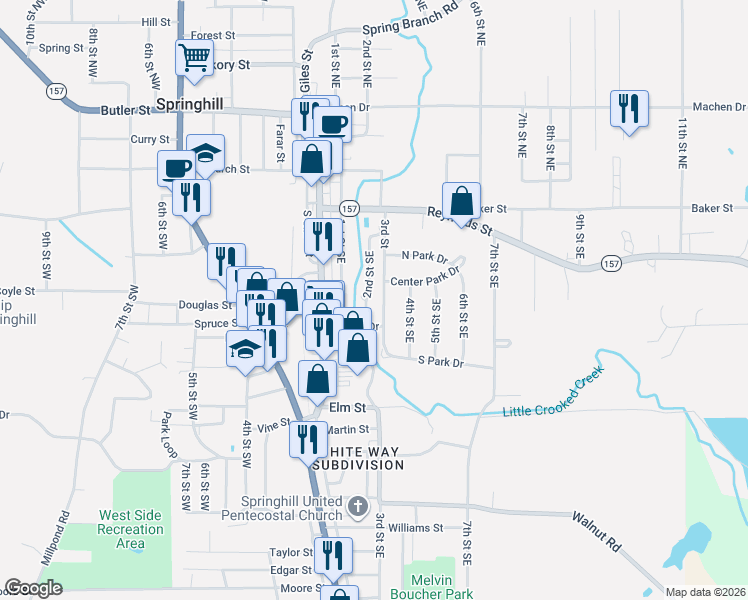 map of restaurants, bars, coffee shops, grocery stores, and more near 410 3rd Street Southeast in Springhill