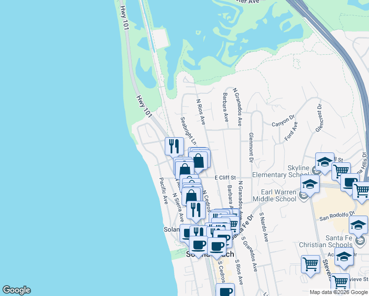 map of restaurants, bars, coffee shops, grocery stores, and more near 601 North Cedros Avenue in Solana Beach