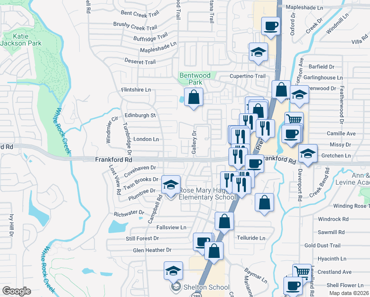 map of restaurants, bars, coffee shops, grocery stores, and more near 5859 Frankford Road in Dallas