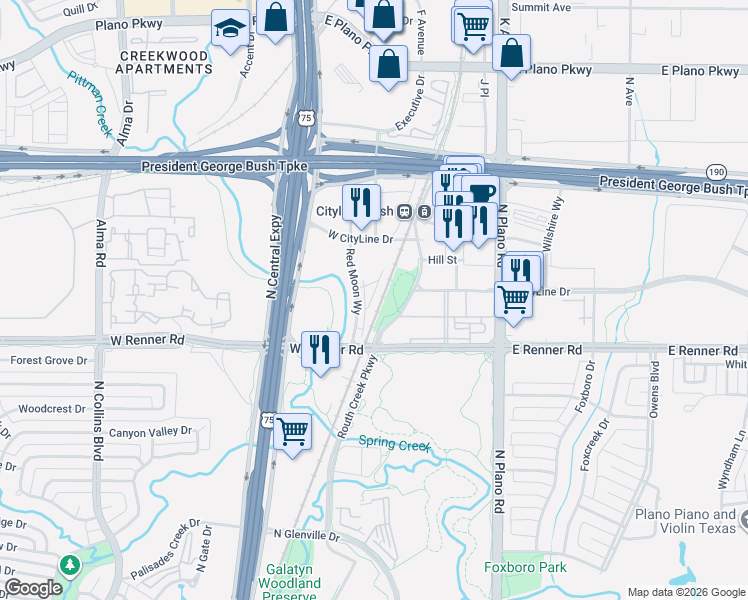 map of restaurants, bars, coffee shops, grocery stores, and more near 1351-1399 W Renner Rd in Richardson