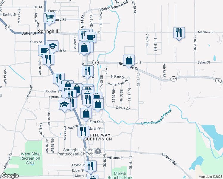 map of restaurants, bars, coffee shops, grocery stores, and more near 410 4th Street Southeast in Springhill