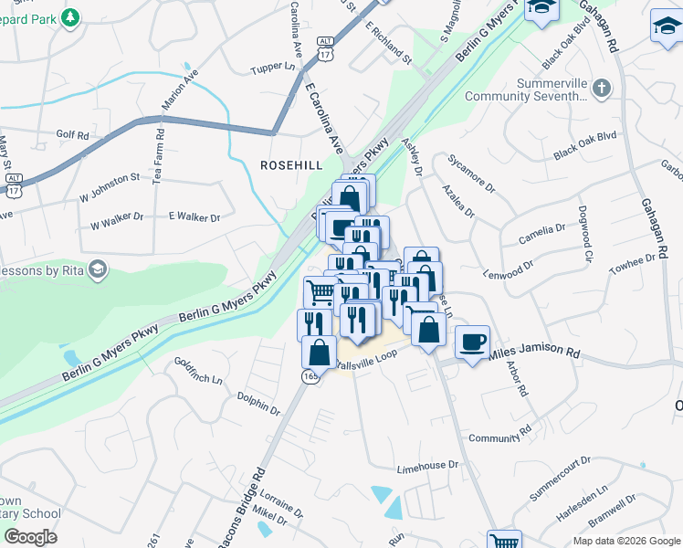 map of restaurants, bars, coffee shops, grocery stores, and more near 85 Paradise Point in Summerville