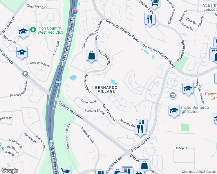 map of restaurants, bars, coffee shops, grocery stores, and more near 11576 Caminito Corriente in San Diego