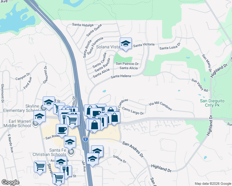 map of restaurants, bars, coffee shops, grocery stores, and more near 350 Punta Baja Drive in Solana Beach