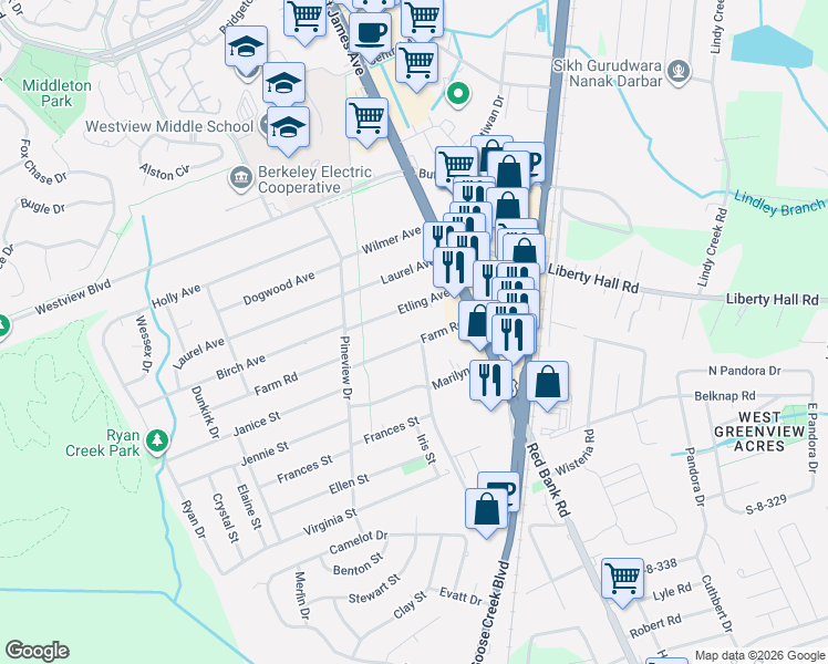 map of restaurants, bars, coffee shops, grocery stores, and more near 113 Farm Road in Goose Creek