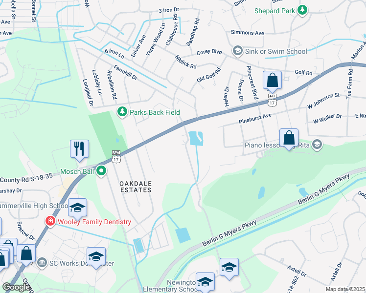 map of restaurants, bars, coffee shops, grocery stores, and more near 116 Luden Drive in Summerville