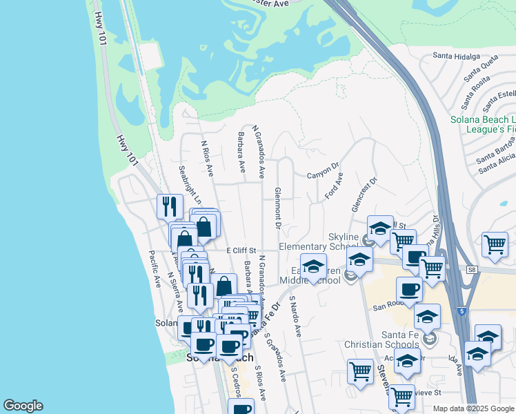 map of restaurants, bars, coffee shops, grocery stores, and more near 537 North Granados Avenue in Solana Beach