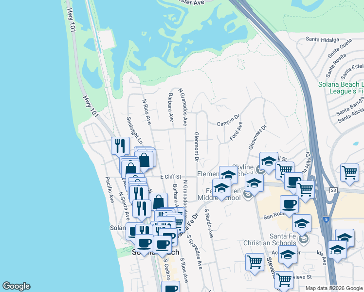 map of restaurants, bars, coffee shops, grocery stores, and more near 537 North Granados Avenue in Solana Beach