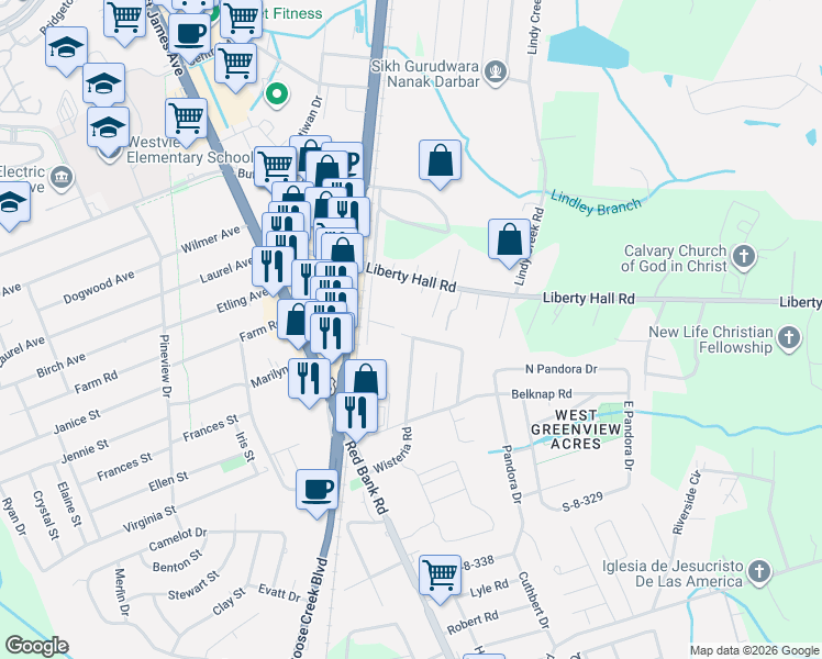 map of restaurants, bars, coffee shops, grocery stores, and more near 120 Wisteria Road in Goose Creek