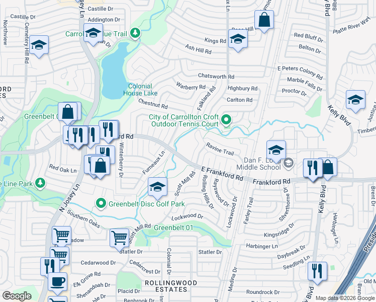 map of restaurants, bars, coffee shops, grocery stores, and more near 2115 East Frankford Road in Carrollton
