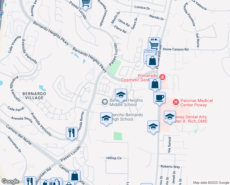 map of restaurants, bars, coffee shops, grocery stores, and more near 15606 Via Marchena in San Diego