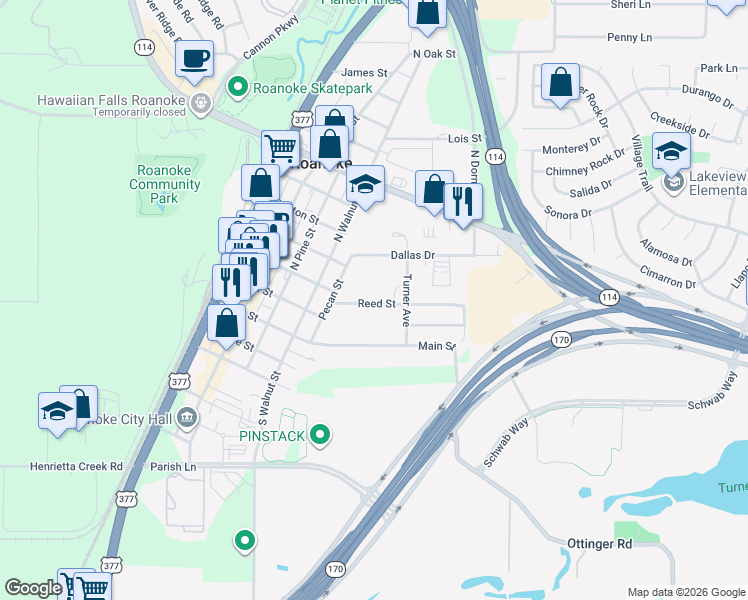 map of restaurants, bars, coffee shops, grocery stores, and more near 510 Reed Street in Roanoke